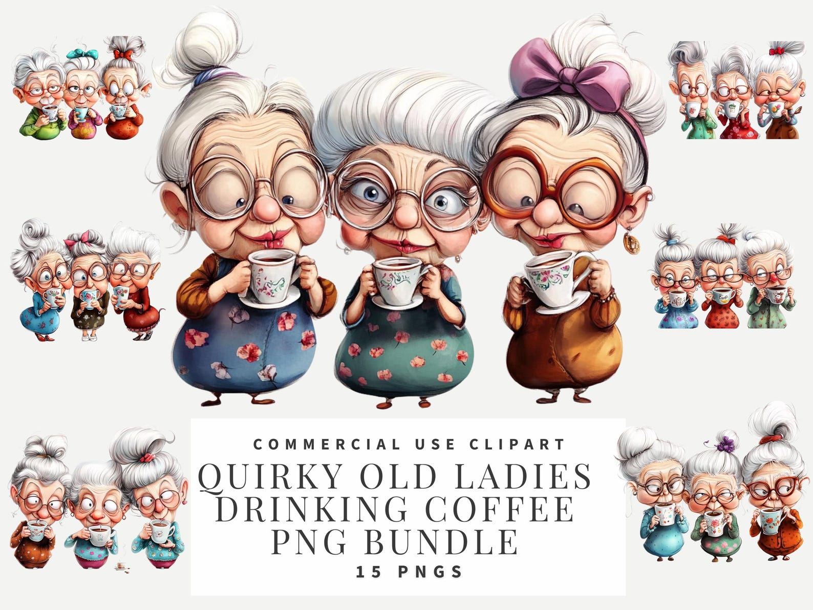 Png Watercolor Funny Old Ladies Clipart Bundle Senior Lady Coffee Lover ...
