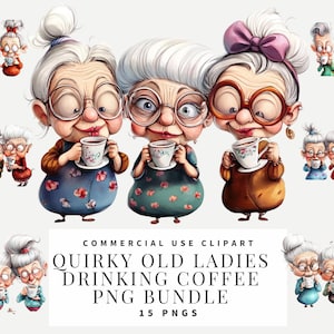 Png watercolor Funny Old Ladies Clipart Bundle Senior Lady Coffee Lover Instant Download Paper Crafts Junk Journal Scrapbooking Printables