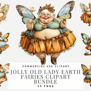 Puede incluir: Un conjunto de 15 imágenes de clipart digital que presentan hadas ancianas alegres con alas, vistiendo vestidos coloridos y sosteniendo flores. Las hadas tienen una apariencia caprichosa y encantadora. Las imágenes son perfectas para manualidades, scrapbooking y otros proyectos creativos.