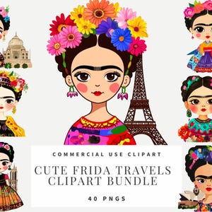 Imágenes prediseñadas de Frida Kahlo, viajes y lugares de interés, estilo de dibujos animados, descarga instantánea, manualidades de papel, diario basura, álbumes de recortes, arte mural, imprimibles
