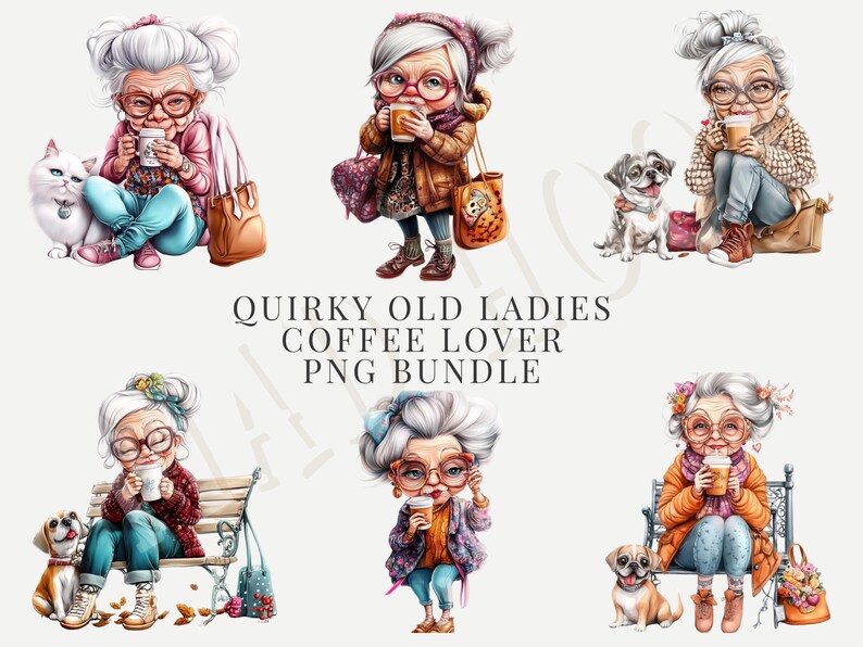 Png Watercolor Funny Old Ladies Clipart Senior Lady Coffee Lover ...