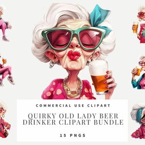 May include: A set of 15 digital clipart images featuring quirky older women enjoying a beer. The images are in a cartoon style and feature various poses and expressions.  The images are perfect for adding a touch of humor to your projects.