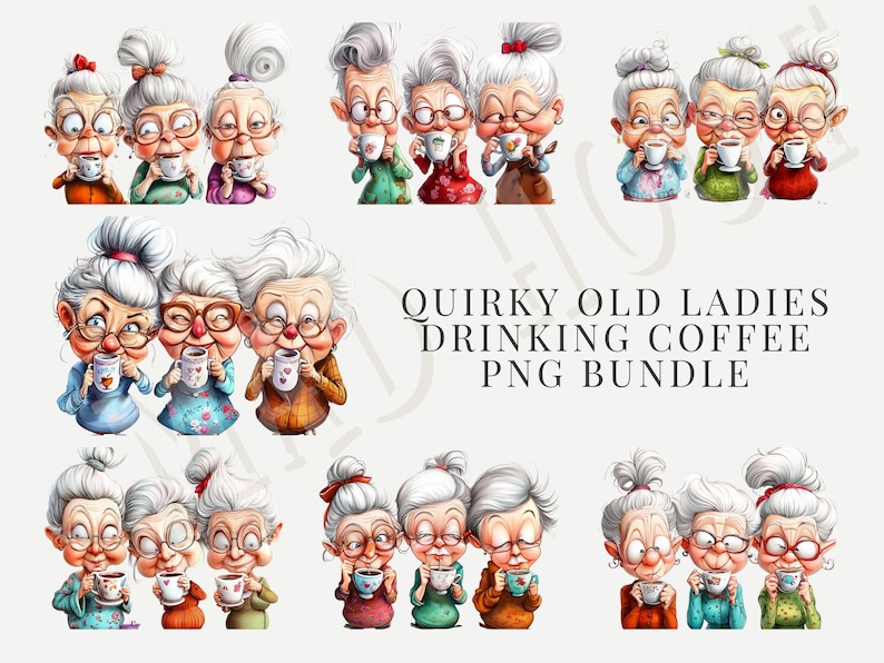 Png Watercolor Funny Old Ladies Clipart Bundle Senior Lady Coffee Lover ...