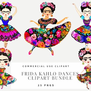 Clipart de baile de Frida Kahlo, estilo de dibujos animados caprichosos, descarga instantánea, manualidades de papel, diario basura, álbumes de recortes, arte mural, imprimibles