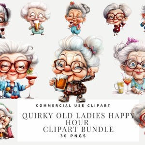 Clipart di Happy Hour con vecchie signore eccentriche in acquerello in formato PNG, download istantaneo, carta da parati, scrapbooking, stampe.