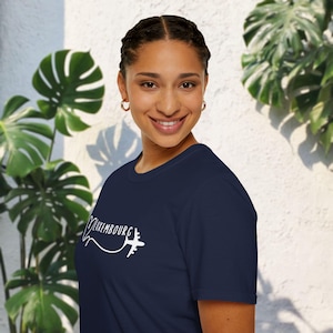 Custom Travel Tee, Personalized Location T Shirt Design with Custom Destination, Heart Airplane Travel Gift Vacation Tee, Dark Base