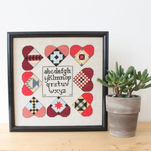 Vintage Handmade Framed Needlework Alphabet, Folk Art Cross Stitch Alphabet with Hearts, Classroom, Homeschool, Wall Decor,Framed Art Design image 2