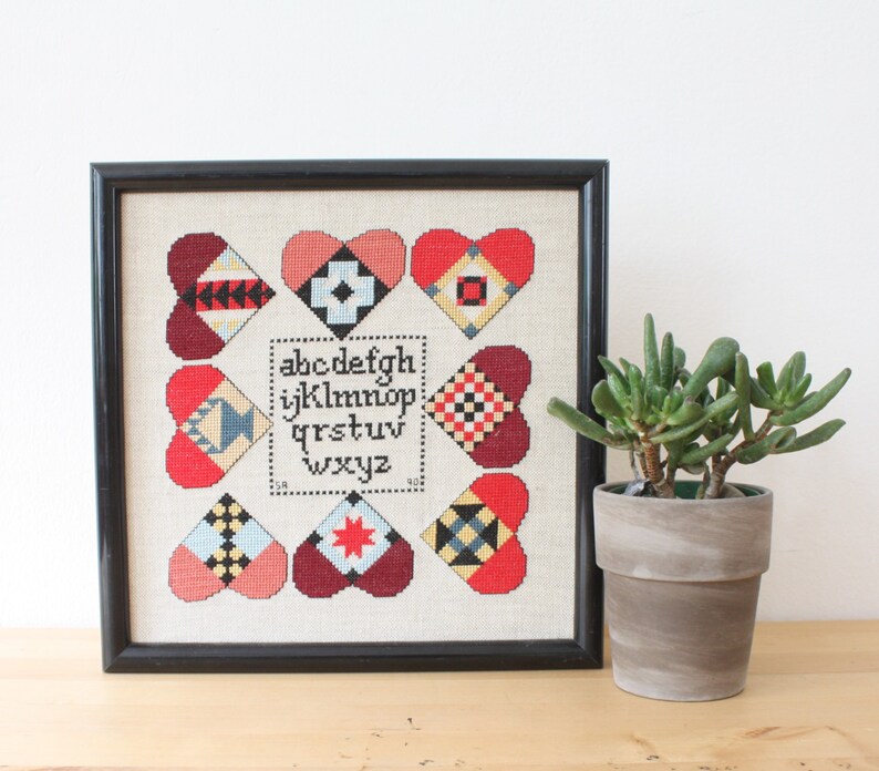 Vintage Handmade Framed Needlework Alphabet, Folk Art Cross Stitch Alphabet with Hearts, Classroom, Homeschool, Wall Decor,Framed Art Design image 2