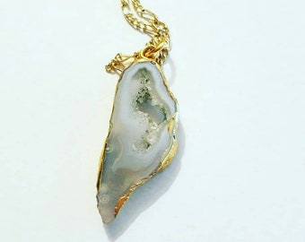 Beautiful Gilded Blue, Purple, and Grey Druzy Agate Slice Geode Necklace, Electroplated Agate Jewelry, 14k Gold Chain,Free Shipping