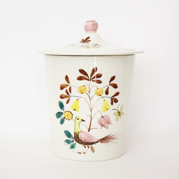 SALE Vintage Secla Portugal Folk Art Lidded Ceramic Jar with Bird and Fruit Tree Partridge, Pear tree