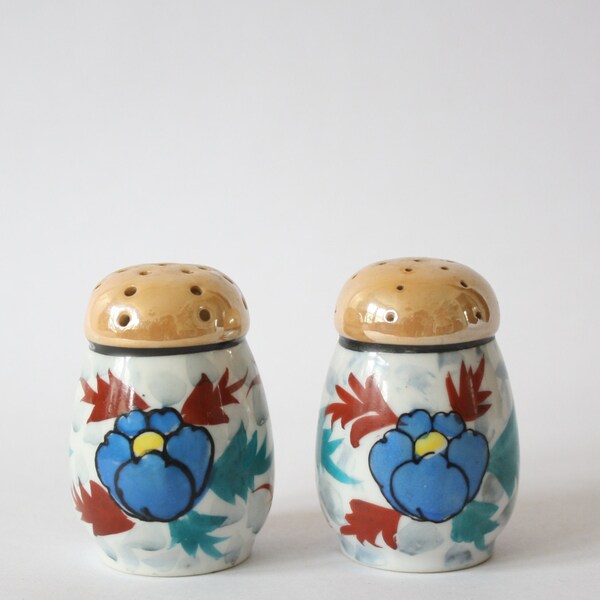 SALE Vintage Boho Floral Salt and Pepper Shakers With Orange and Blue Flowers Stamped Japan