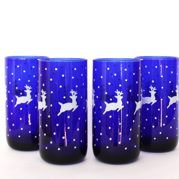 SALE Set of 4 Vintage Libbey Cobalt Blue Deer Reindeer Stag Polka Dot Drinking Glasses