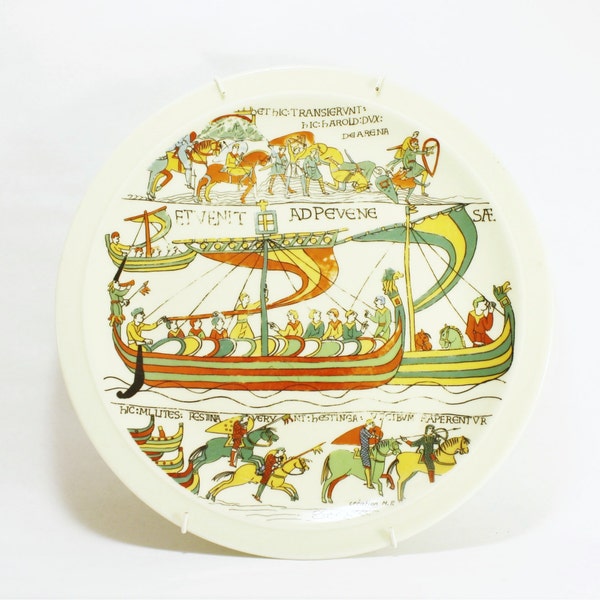 Vintage Handpainted Plate Battle of Hastings Bayeux Tapestry, Anglo Saxon Art, Decorative Art, Limoges, France, Colorful Medieval Art