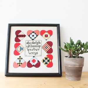 Vintage Handmade Framed Needlework Alphabet, Folk Art Cross Stitch Alphabet with Hearts, Classroom, Homeschool, Wall Decor,Framed Art Design
