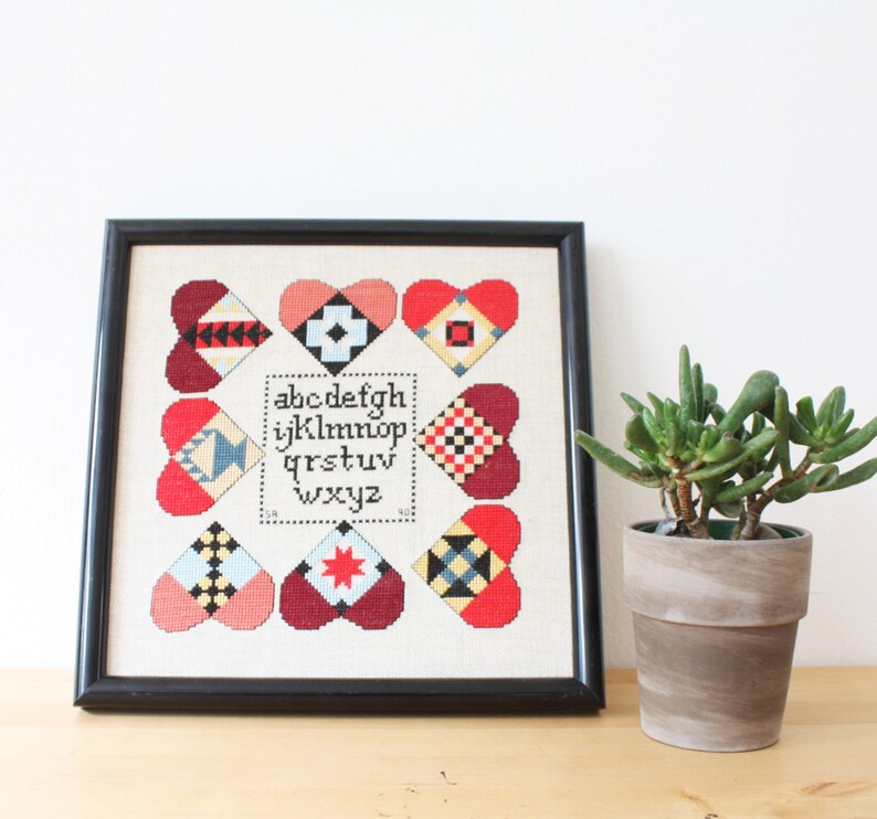 Vintage Handmade Framed Needlework Alphabet, Folk Art Cross Stitch Alphabet with Hearts, Classroom, Homeschool, Wall Decor,Framed Art Design image 1