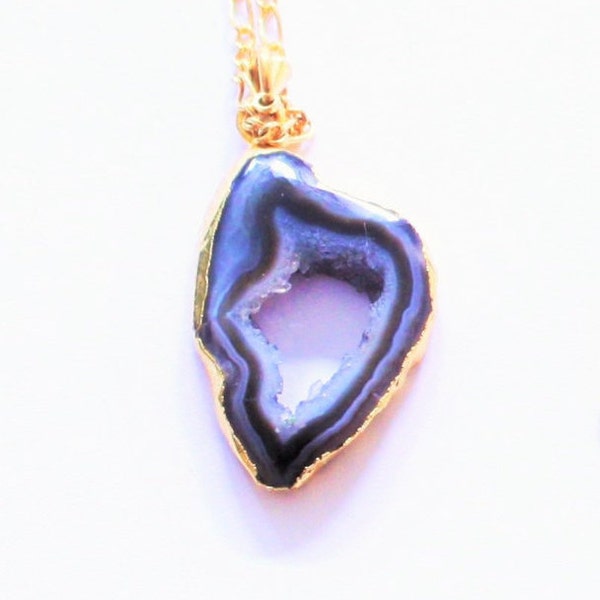 Beautiful Gilded Grey Druzy Agate Slice Open Geode Necklace, Electroplated Agate Jewelry, 14k Gold Chain,Free Shipping