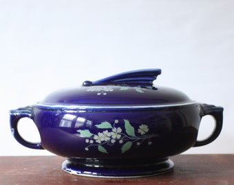 Vintage Art Deco Blue Hall Garden Flower Sundial Lidded Casserole Dish, Covered Tureen, Lidded Crockery