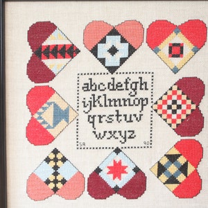 Vintage Handmade Framed Needlework Alphabet, Folk Art Cross Stitch Alphabet with Hearts, Classroom, Homeschool, Wall Decor,Framed Art Design image 3