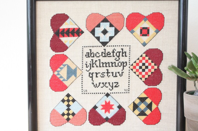 Vintage Handmade Framed Needlework Alphabet, Folk Art Cross Stitch Alphabet with Hearts, Classroom, Homeschool, Wall Decor,Framed Art Design image 3