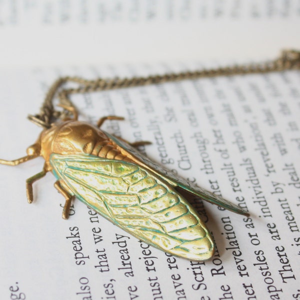 Raw Brass Cicada Pendant Necklace with Turquoise Verdigris Patina Nature Inspired