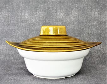 Mid Century Serving Dish, Atomic Vegetable Dish, Lidded Serving Dish, Mcm Chafing Dish, Gold and White Serving Dish, Atomic Kitchen Decor