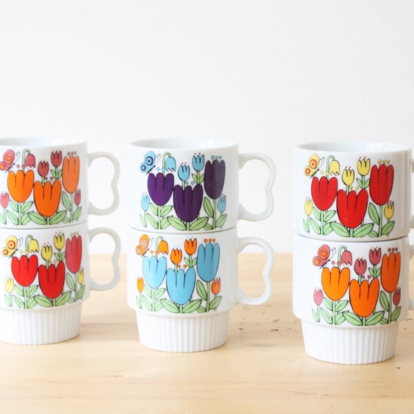 Set of 6 Vintage Ceramic Stacking Colorful Tulips Coffee Mugs Tea Cups, Made In Japan, Retro Stacking Flower Cups