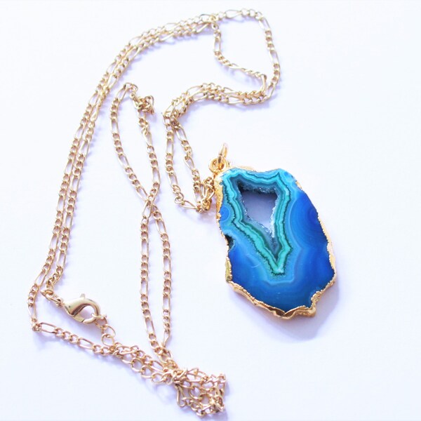 Beautiful Gilded Blue and Green Druzy Agate Slice Geode Necklace. Geode Jewelry, Electroplated Agate Jewelry, 14k Gold Chain,Free Shipping