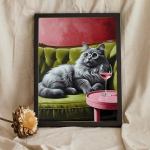 Trendy Gray Cat with Wine Glass Wall Art Print, Cocktail Art Bar Cart Decor Poster, Gray Cat Picture Painting Wall Art Gift for Cat Lovers