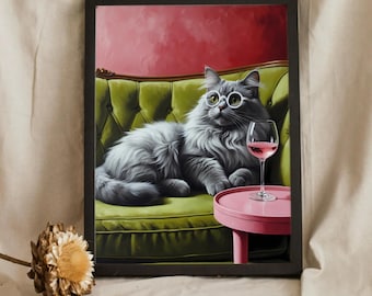 Trendy Gray Cat with Wine Glass Wall Art Print, Cocktail Art Bar Cart Decor Poster, Gray Cat Picture Painting Wall Art Gift for Cat Lovers