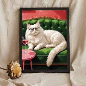 Trendy White Cat with Wine Glass Wall Art Print, Cocktail Art Bar Cart Decor Poster, White Cat Picture Painting Wall Art Gift for Cat Lovers