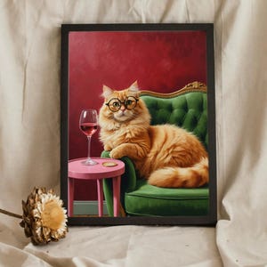 トレンディなジンジャーキャットとワイングラスのウォールアートプリント、カクテルアートバーカートの装飾ポスター、猫の絵の絵画ウォールアート、猫好きの方へのギフト