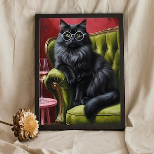 トレンディな黒猫とワイングラスのウォールアートプリント、カクテルアートバーカートの装飾ポスター、黒猫の絵の絵画ウォールアート、猫好きの方へのギフト