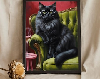 Trendy Schwarze Katze mit Weinglas Wand Kunst Druck, Cocktail Art Bar Warenkorb Dekor Poster, Schwarze Katze Bild Gemälde Wand Kunst Geschenk für Katzenliebhaber