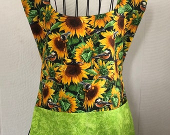 Fall sunflower motif, green and yellow. generous divided pocket, side closure with ties, women's apron, any occasion gift, cooking, crafting