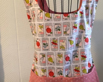 How does your garden grow, seed packets motif, smock apron, multi colored, side closure, large divided pocket, cooking,5 crafting, gardening