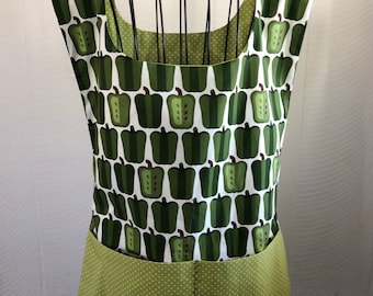 Bell Peppers motif, woman's smock apron, green and white, large divided pocket, cooking, cleaning, crafting, gardening, any occasion gift