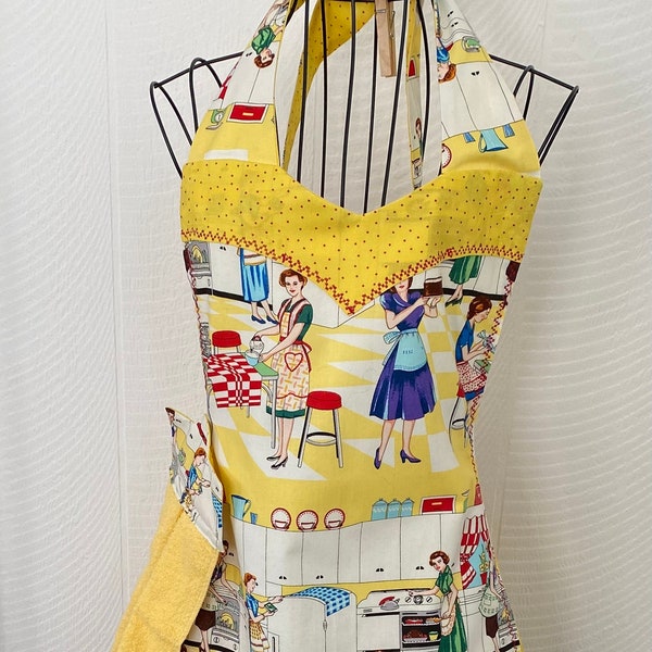 Tablier de style vintage des années 1950, tablier de cuisine en coton réversible avec torchon