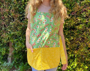 bacon and eggs print smock apron , gardening , kitchen tool, cooking , cotton apron, full body