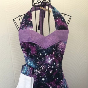 starry night, purples, blues, lavender galaxy, reversible woman&#39;s apron, vintage style, detachable towel, great gift, cooking, crafting