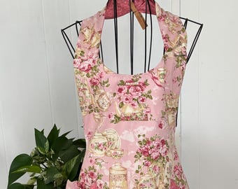 Vintage Style Apron: Pink Roses, Tea Pots, Reversible with Pockets