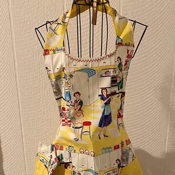 yellow and red, 1950's kitchen print, vintage style reversible women's apron, 8 pockets, detachable towel, cooking, cleaning, crafting, gift