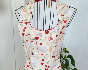 Tablier pour femmes, imprimé Saint-Valentin, fabriqué à partir d’un motif vintage, tablier réversible complet du corps cuisine, nettoyage, artisanat, grand cadeau,