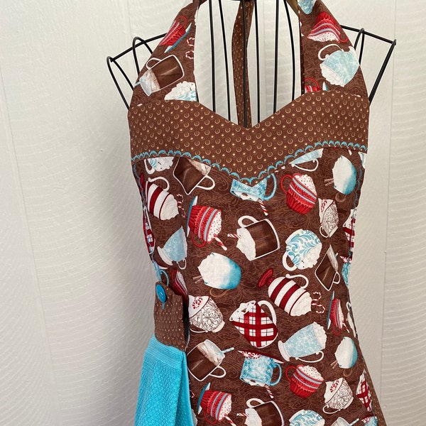 chocolat chaud, tablier réversible de style vintage féminin, bruns et turquoise, serviette détachable, cadeau de pendaison de crémaillère d’hôtesse, cuisine, artisanat