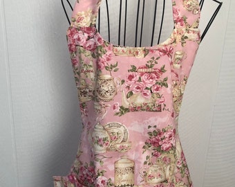 Pink roses and tea pots, vintage style women's apron, reversible, 8 pockets, detachable towel, cooking, cleaning, crafting, great gift,