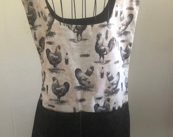 classy roosters and chickens, greys and tans, woman's smock apron, large divided pocket, cooking, cleaning, crafting, gardening, great gift