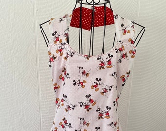 Vintage Style Women's Apron: Mickey & Minnie Print, Reversible with Detachable Towel