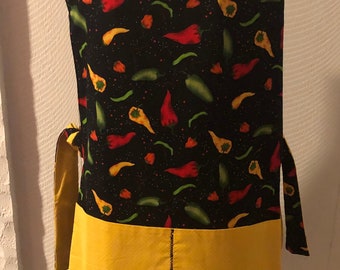 black and multi colored peppers apron, smock style apron, cotton, full body apron, cooking apron , cleaning apron, gardening apron