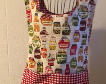 Smock apron, colorful jars of canned food, red and white checked fabric, divided generous pocket, women's apron, cooking, crafting, gift