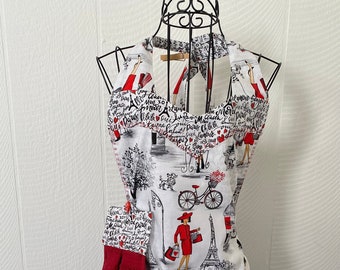 Ladies in red in Paris, vintage style women's reversible apron, sweetheart neck line, detachable towel, cooking, crafting, great gift