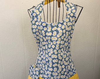 blue skies and daisies, blue and yellow motif, vintage style, women's reversible, full body, cooking, cleaning, crafting, any occasion gift